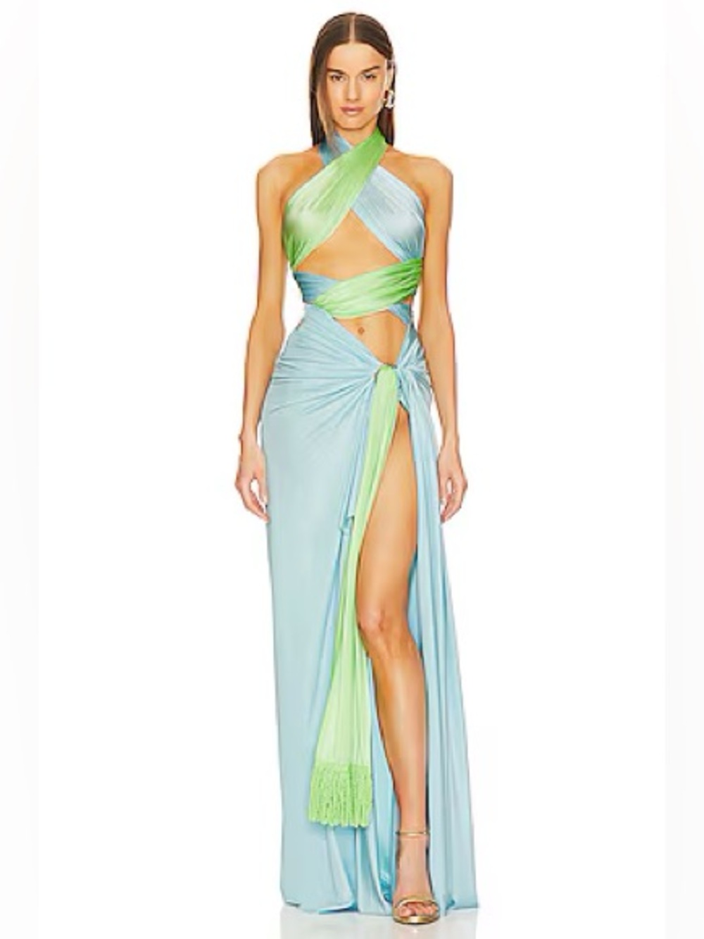 Bronx and Banco Cleopatra Maxi
Gown in Light Blue & Green Fringe Size Small